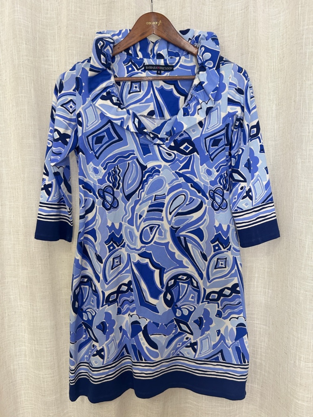 Barbara Erickson Blue Patterned Tunic Ruffle Neck Dress Size Small